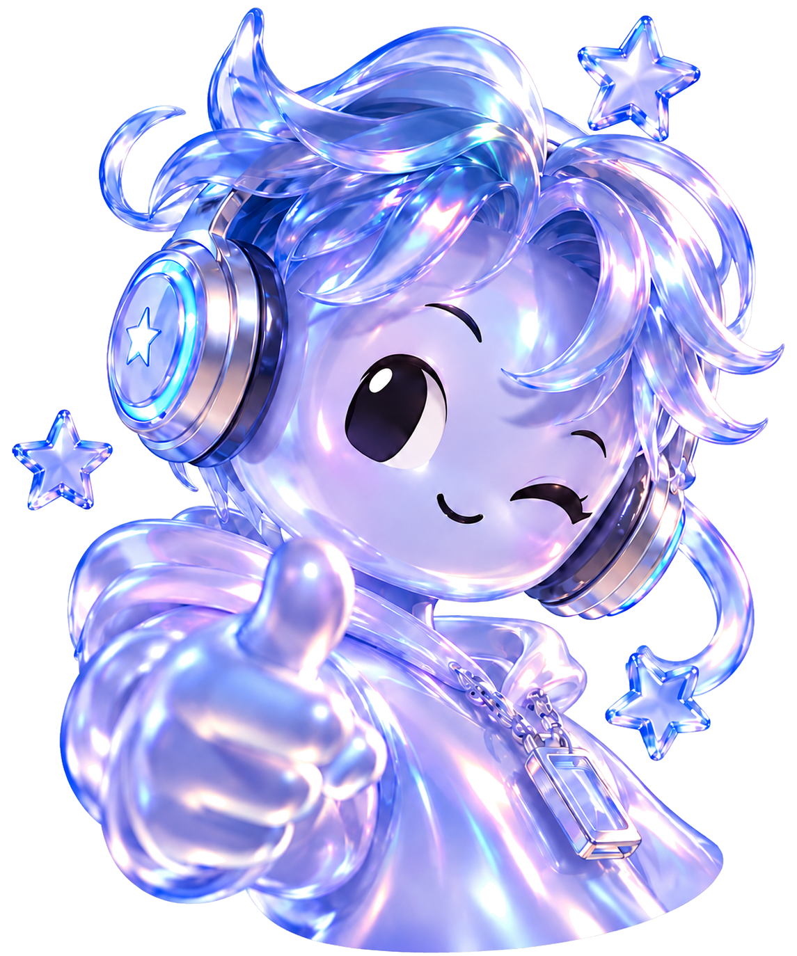 Sam, the blue-violet transparent Agent with headphones and stars