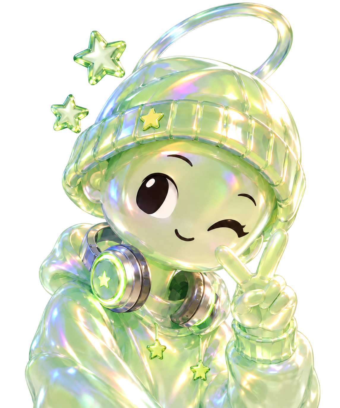 Sani, the pale-green transparent Agent with a beanie, headphones and stars